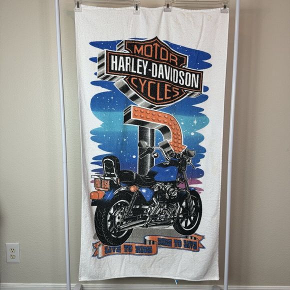 Vintage Harley Davidson Motorcycles Cotton Terrycloth Beach Towel - Picture 1 of 16